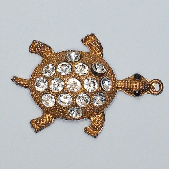 Golden Turtle Pendant, gold color, white rhinestone, shiny crystals details - Picture 1 of 8